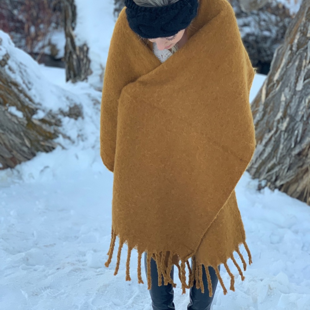 gold blanket scarf with tassels